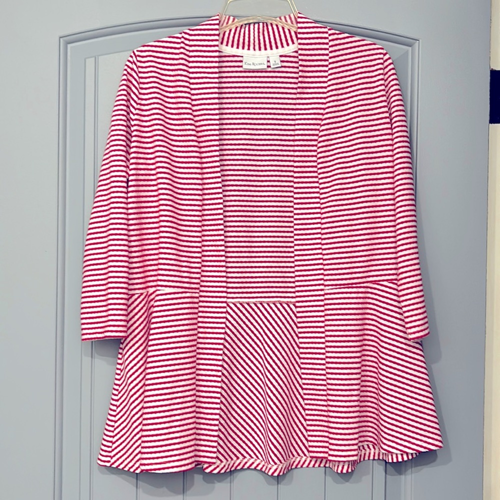 Kim Rogers red & white open cardigan w/no buttons.  Size S.